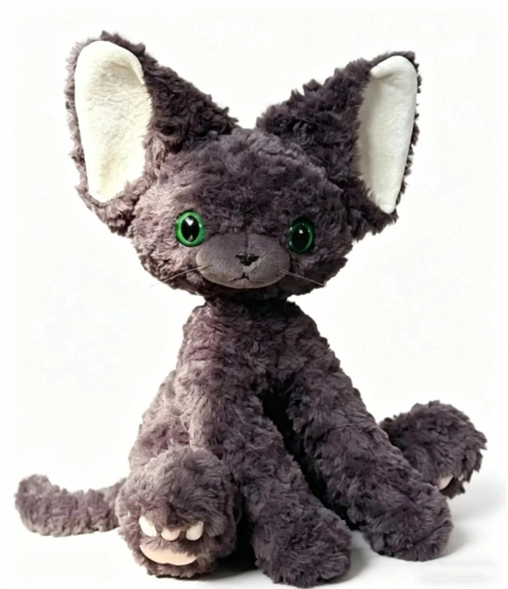 Casalora Pluche Knuffel – Duitse Krullende Kat Pop – 40cm – Schattige Duitse Krullende Kat Knuffel – Zacht Troostend Speelgoed – Cadeau voor Kinderen Ter Ontspanning en Verzachting van Emoties – Grafietkleur– Groen ogen