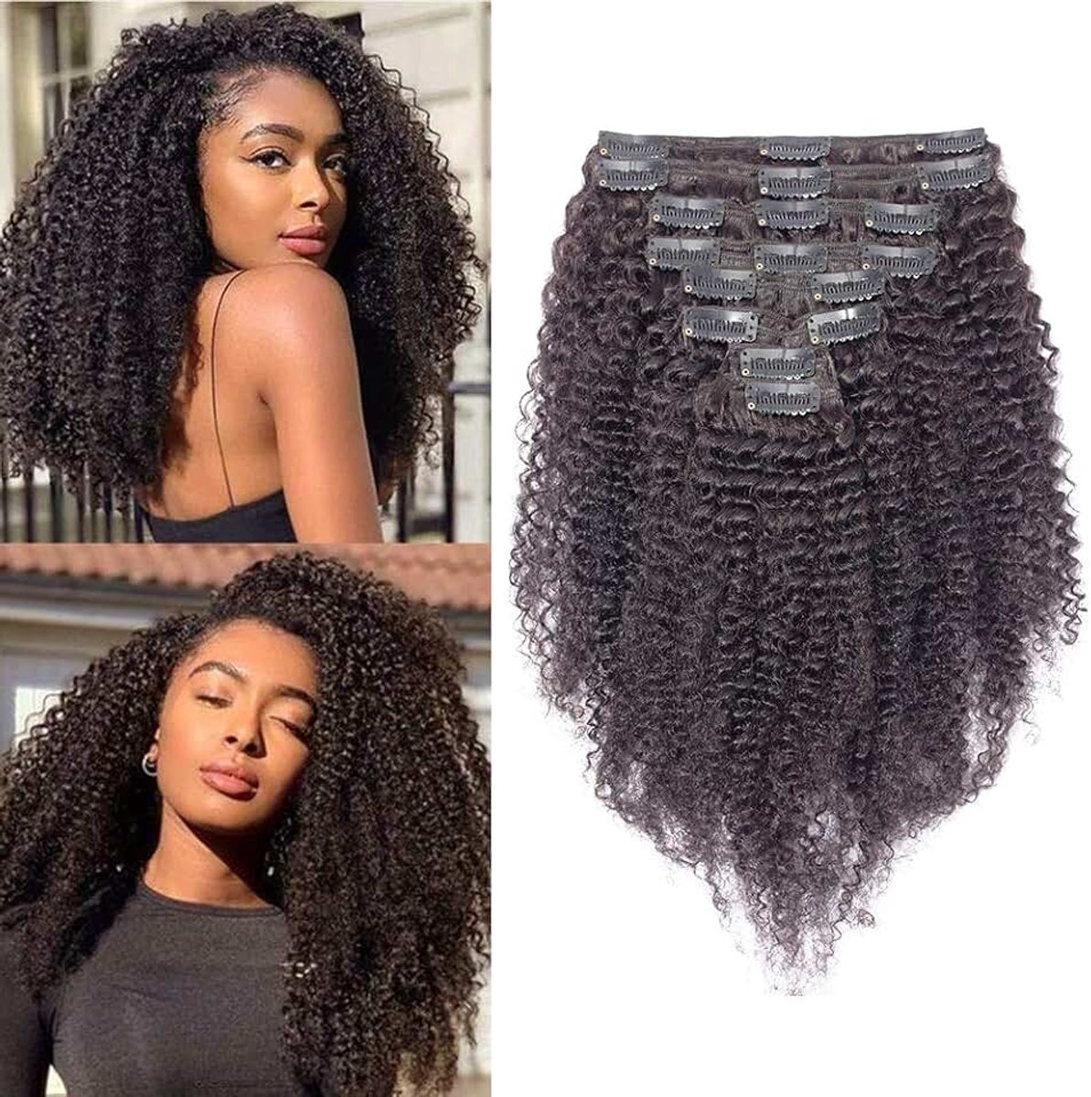 Haarstukjes, echt haar, clip-in extensies, echt haar, afro-haarextensies, 8 stuks, 18 clips, dubbele inslag, kinky krullend, Braziliaans menselijk haar, 25 cm, 100 g
