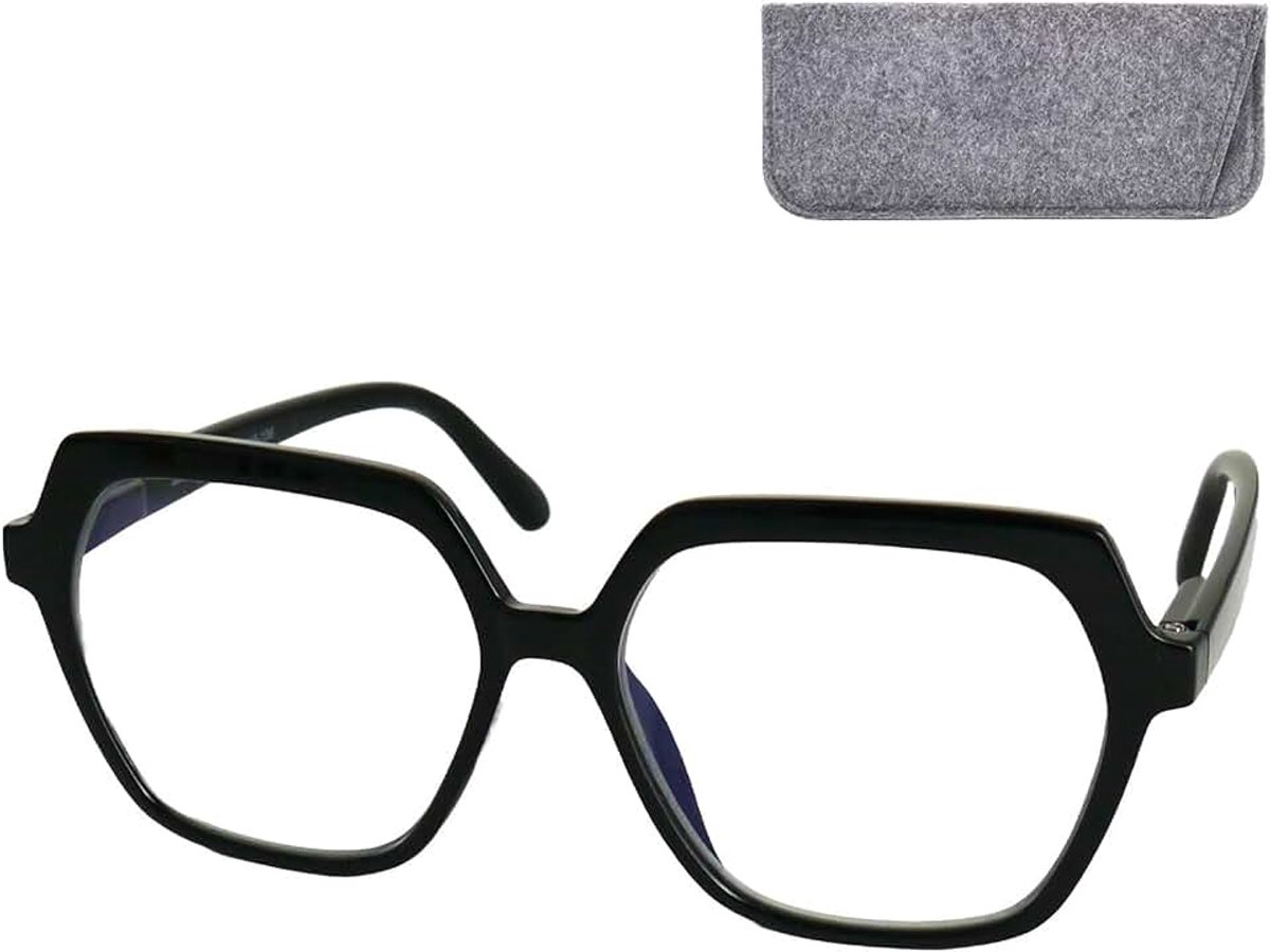 Leesbril oversize zeshoekig – grote krasbestendige glazen, licht kunststof montuur, incl. etui