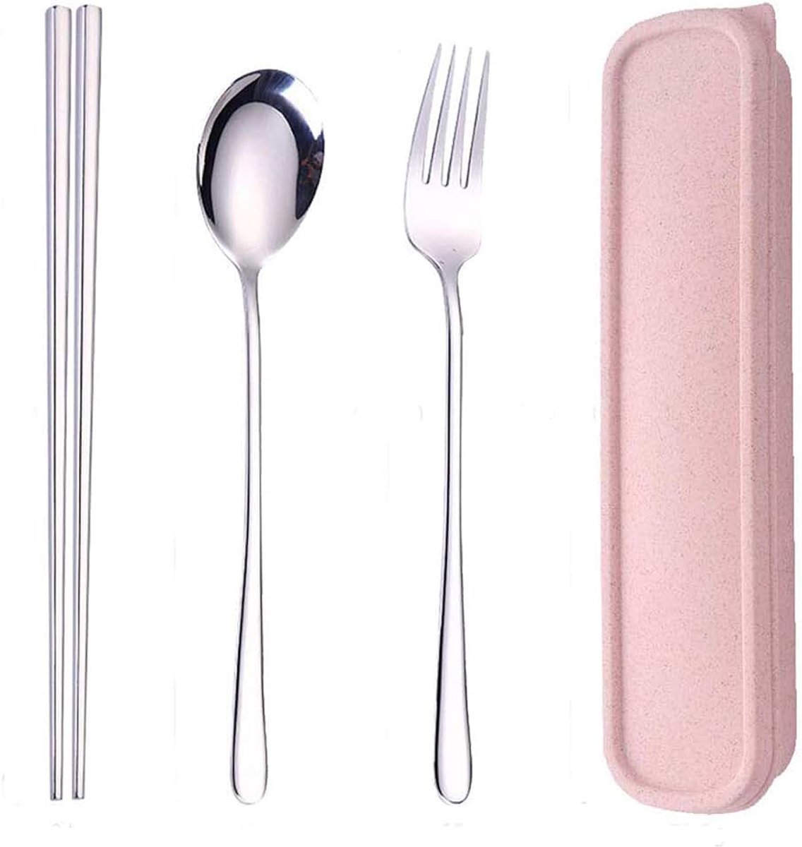 Bestek, campingbestek, eetstokjes, lepel, vork, set met opbergdoos voor outdoor, camping, reizen, picknick, barbecue, school, rugzak (zilver)