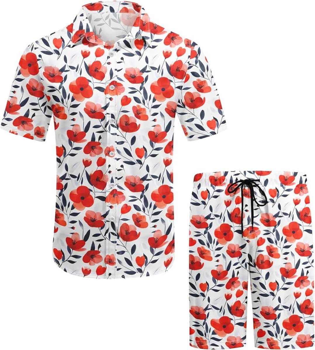 Hawaïhemd voor heren, korte mouwen, bloemen, 2-delig, shirt en shorts, zomer, strand, vakantie, festival outfit