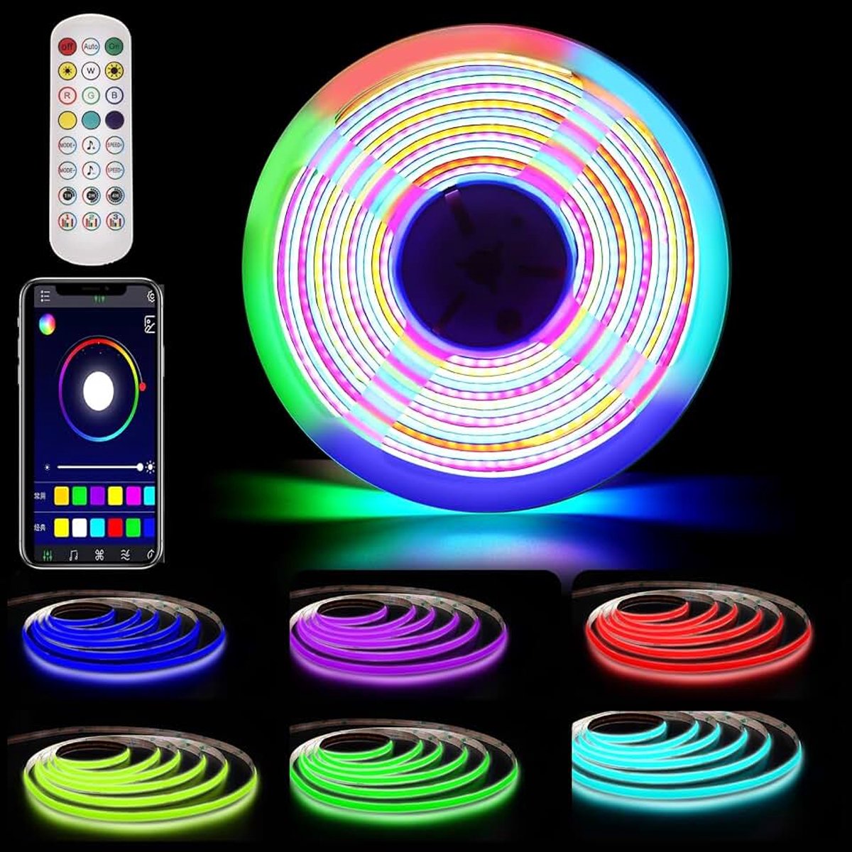 COB LED-strip 3m, WS2811 LED-strip, 24V LED-strip adresseerbaar, lichtband kleurverandering, muzieksync, met app en afstandsbediening voor thuis, feest