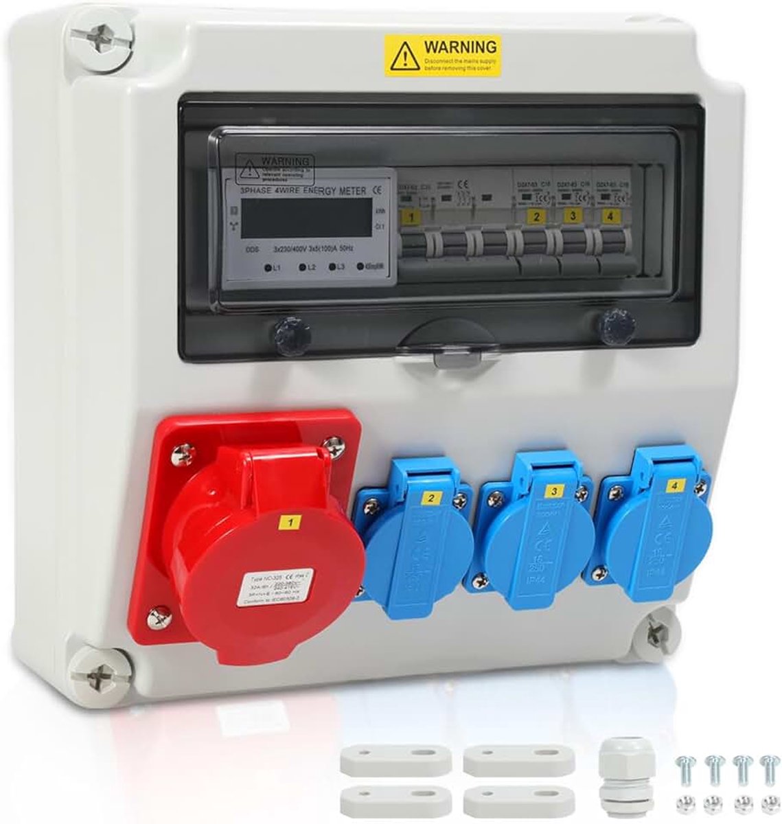 Wandverdeler met Stroommeter 3-Fasen en MCB, 5 Polig Bouwstroomverdeler met 3xSchuko-Stopcontact en CEE-Stekker 32A Stroomverdeler voor Binnen en Buiten
