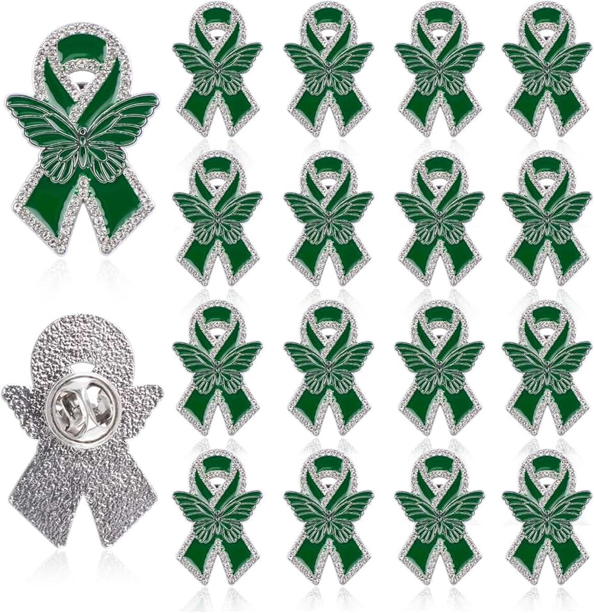 20 stuks groene lintspelden, strass vlinder broches leverkanker geestelijke gezondheid orgaantransplantatie bewustzijn metalen badges, voor evenementen dagelijks gebruik