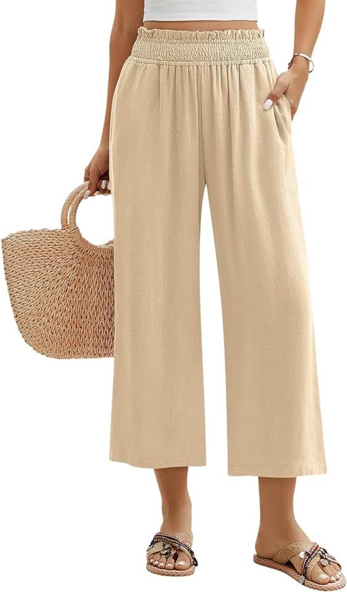 Vrouwen Zomer Linnen Katoenen Broek Wijde Pijpen Bijgesneden Broek Hoge Taille Elastische 3/4 Broek Rechte Losse Casual Lichtgewicht Broek met Zakken