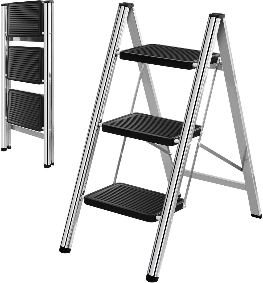 Opvouwbare 3 Tredenladder, Roestvrijstalen Opvouwbare Ladder Met Antisliptreden en Voeten, Huishoudladder Voor Thuis/Keuken/Garage