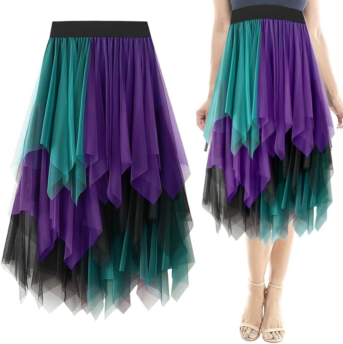 Rok voor dames, asymmetrische rok, onregelmatige mesh-plooirok, hoge taille, midirok in A-lijn, tule onderrok, plooirok, eindexamenbal, carnaval, feest, zwart lila, 60–90 cm, Knielang