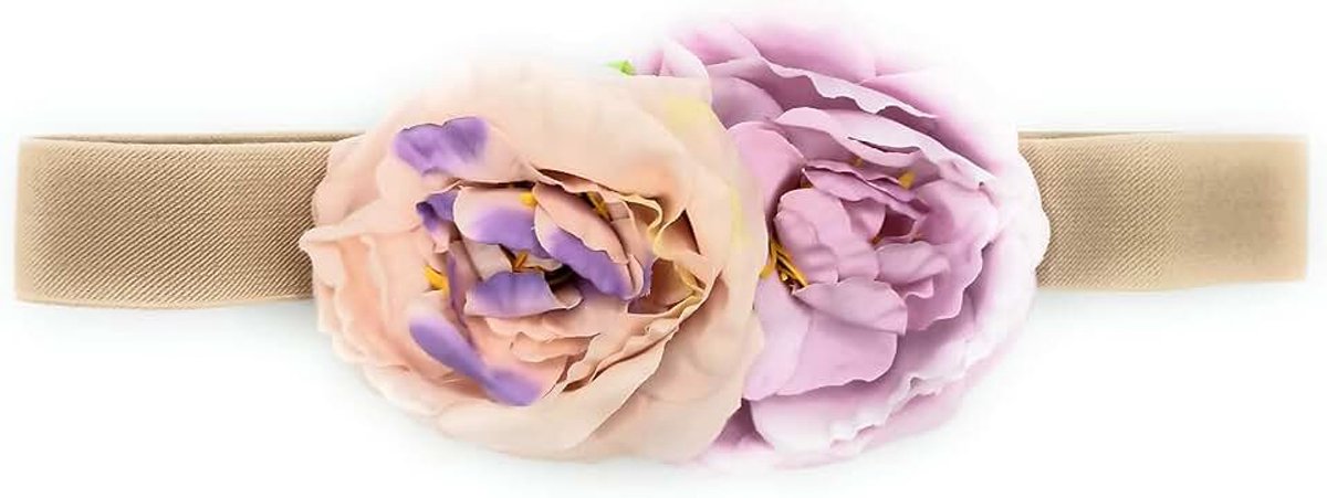 Bloemenriem voor feestjurken voor dames, elastische riem met kunstbloemen, Maxi bloemen Ø10 cm - Malve Nude, se estira hasta la talla 40-42
