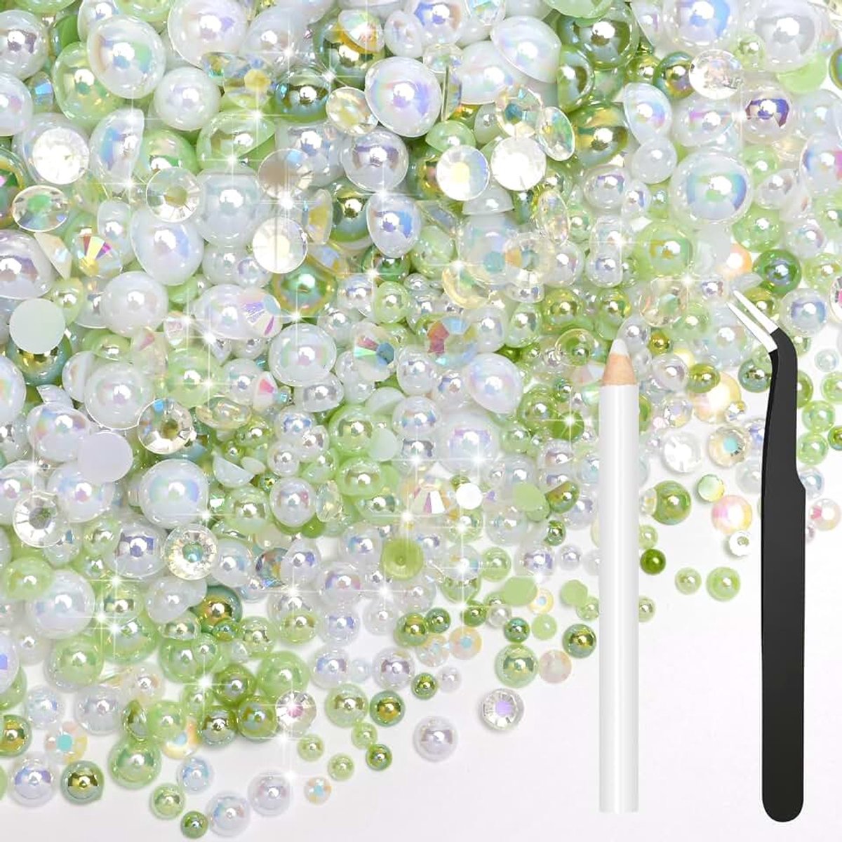 80g Mix Flatback Parels Groen Wit Steentjes voor Kleding Halve Ronde Parels Edelstenen Steentjes voor Ambachten Gezicht Nail Art Flessen Tumblers Schoenen Gift DIY Bedazzling (Maat 2mm-10mm)