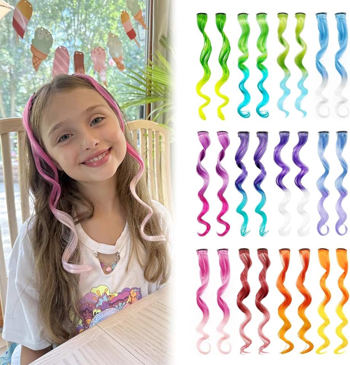 Gekleurde Clip Extensions Kind 12 Kleuren | Levendige Multi-tone Gradien. Geen kleurstof. Veilig te gebruiken. Eenvoudig clipontwerp. Perfect voor vakantiegeschenken