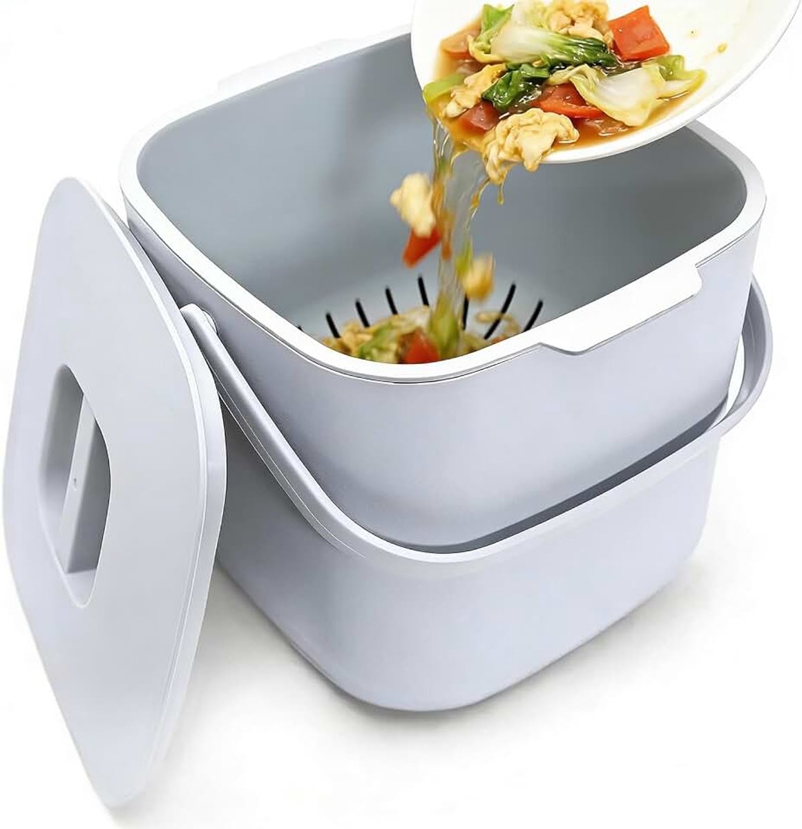 4L bioafvalbak voor in de keuken (klein), compostbak voor in de keuken met zeef, bioafvalbak met deksel, geurvrije bioafvalbak voor dagelijks afval(grijs)