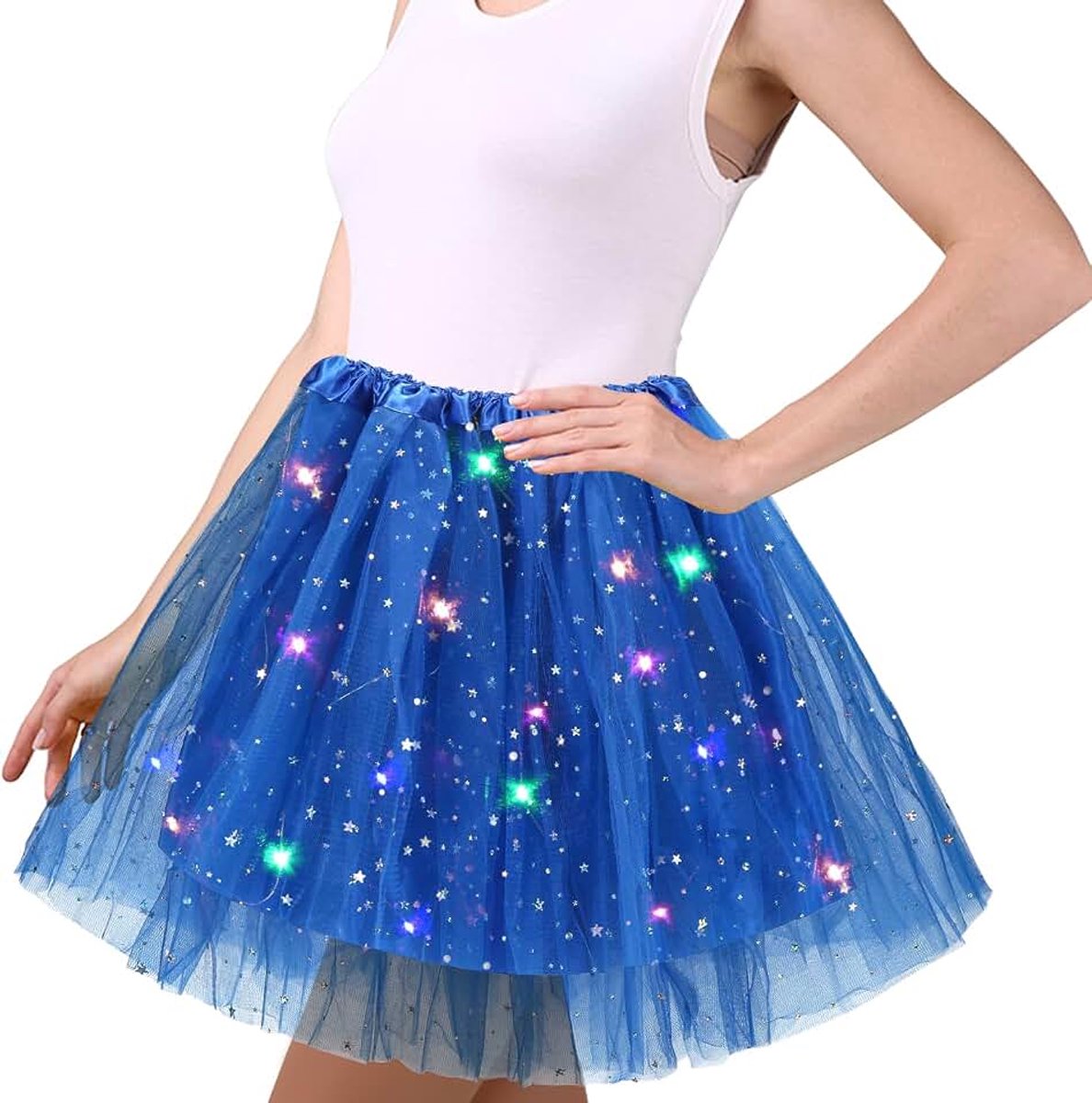 Tule rok voor dames, sterren, pailletten, dansjurk, stretchy minirok met ledverlichting, 45 cm, balletrok voor volwassenen, carnaval, Halloween, party, balletjurk voor tieners