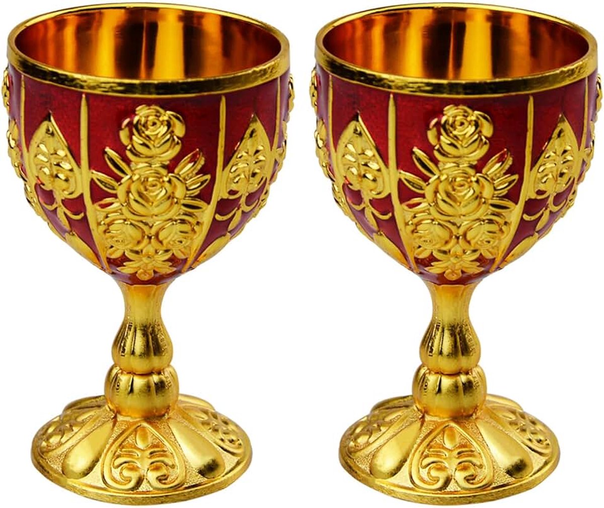 2-delige vintage gouden beker, antieke gouden beker, vintage wijnglas, middeleeuwse beker op metaal, wijnbeker, middeleeuwse beker voor keuken, thuis, bar, feest, bruiloftsdecoratie (goudrood)