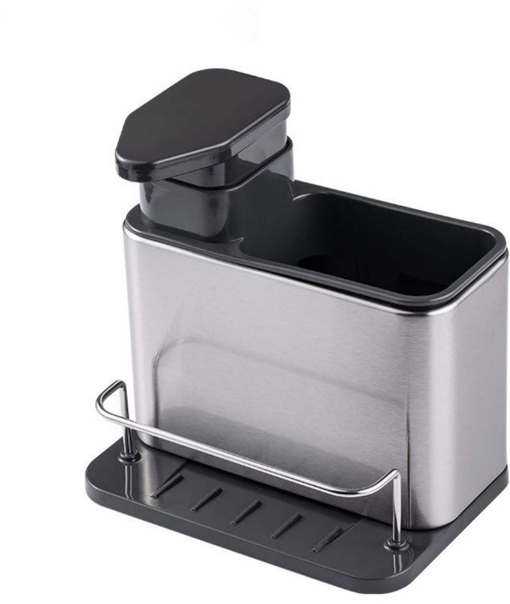 GELLDG 3-in-1 Keuken Gootsteenrek - Roestvrijstalen Zeepdispenser met Spons Houder - Multifunctioneel Reinigingsrek Geschikt voor Keuken en Badkamer - Metaal - Afmetingen 18.2x18.5x12.5cm