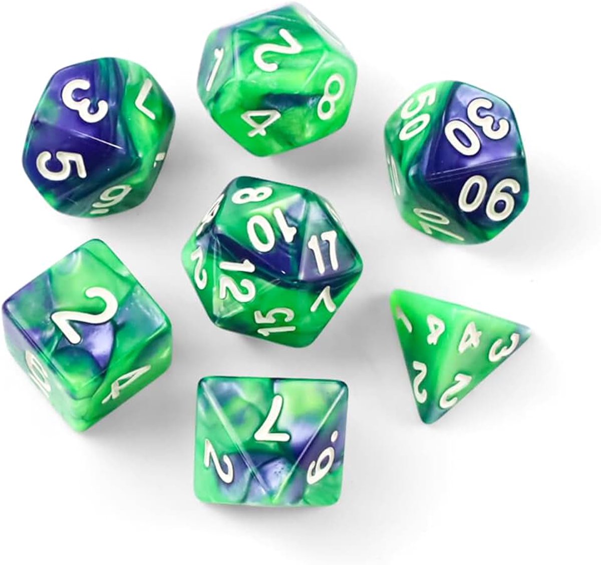 7 stuks polyedrische dobbelstenen set, DND groenblauw