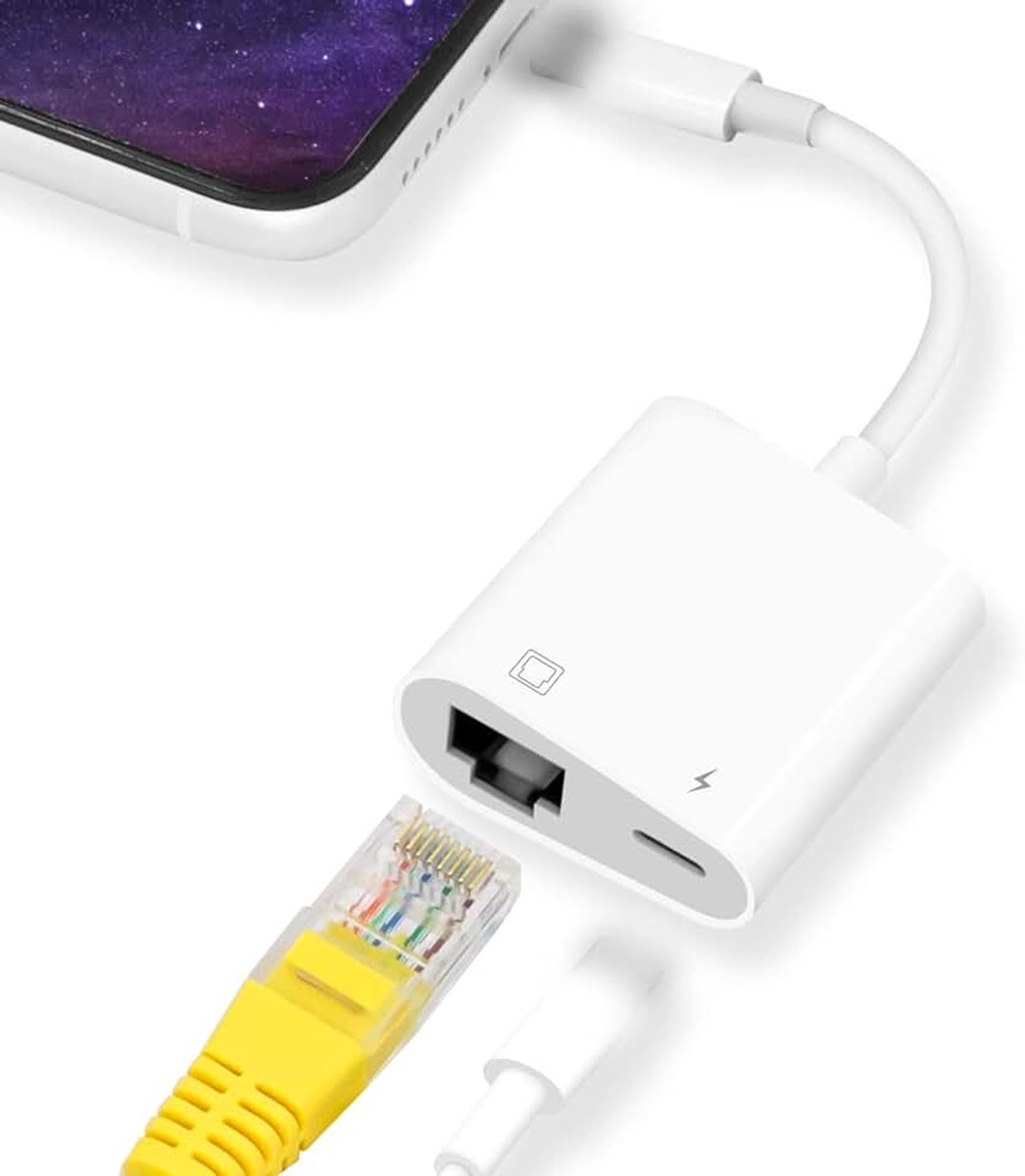 2-in-1 RJ45 Ethernetadapter, 100 Mbps, met Oplaadpoort | Compatibel met iPhone/iPad/iPod, snel en stabiel voor online gamen en videokijken, plug-and-play