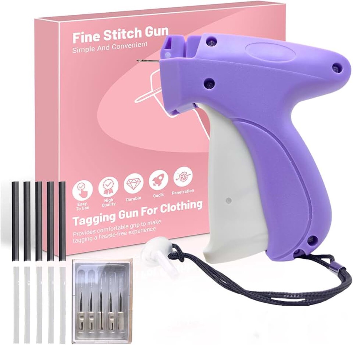 Etiketteermachine met 1000 kunststof bevestigingen en 5 naalden, etiketteerpistool voor lakens, stoffen, jeans, rokken, handwerk, paars
