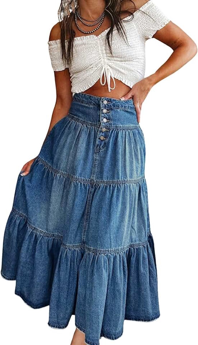 Lange spijkerrok voor dames, hoge taille, knoopsluiting, gelaagde ruches, swing, A-lijn, maxi spijkerrok met zakken