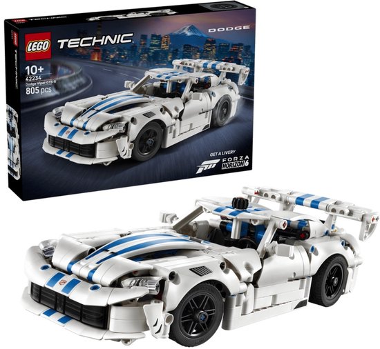LEGO Technic Dodge Viper GTS-R sportauto met witte body en blauwe strepen, met de doos.