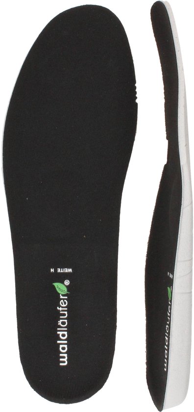 Zwarte binnenzool met 'waldlaufer' logo en groene details, ook een profiel aanzicht.