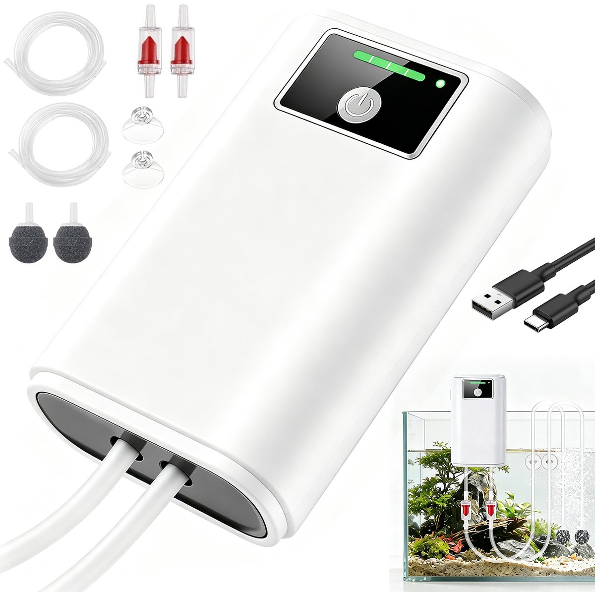 Draagbare Beluchter - Zuurstofpomp - 2600mAh - Dubbele Poort & USB Oplaadbaar - Automatische Stroomuitval Omschakeling - 24u Batterij & Stil - Incl. Slang & Luchtsteen - Voor Aquarium, Vissen & Transport