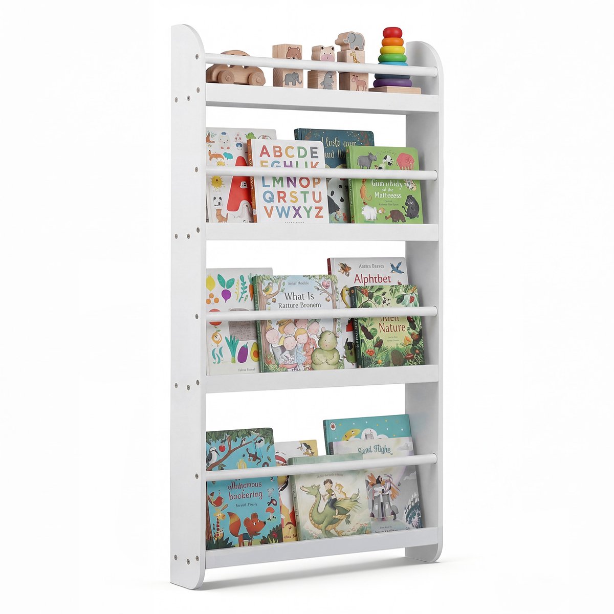 COSTWAY Kinderboekenplank, kinderplank met 4 vakken, houten wandplank voor speelgoed & boeken, smalle Montessori opbergplank voor kinderkamer, leeshoek, 56 x 12 x 107 cm (Wit)