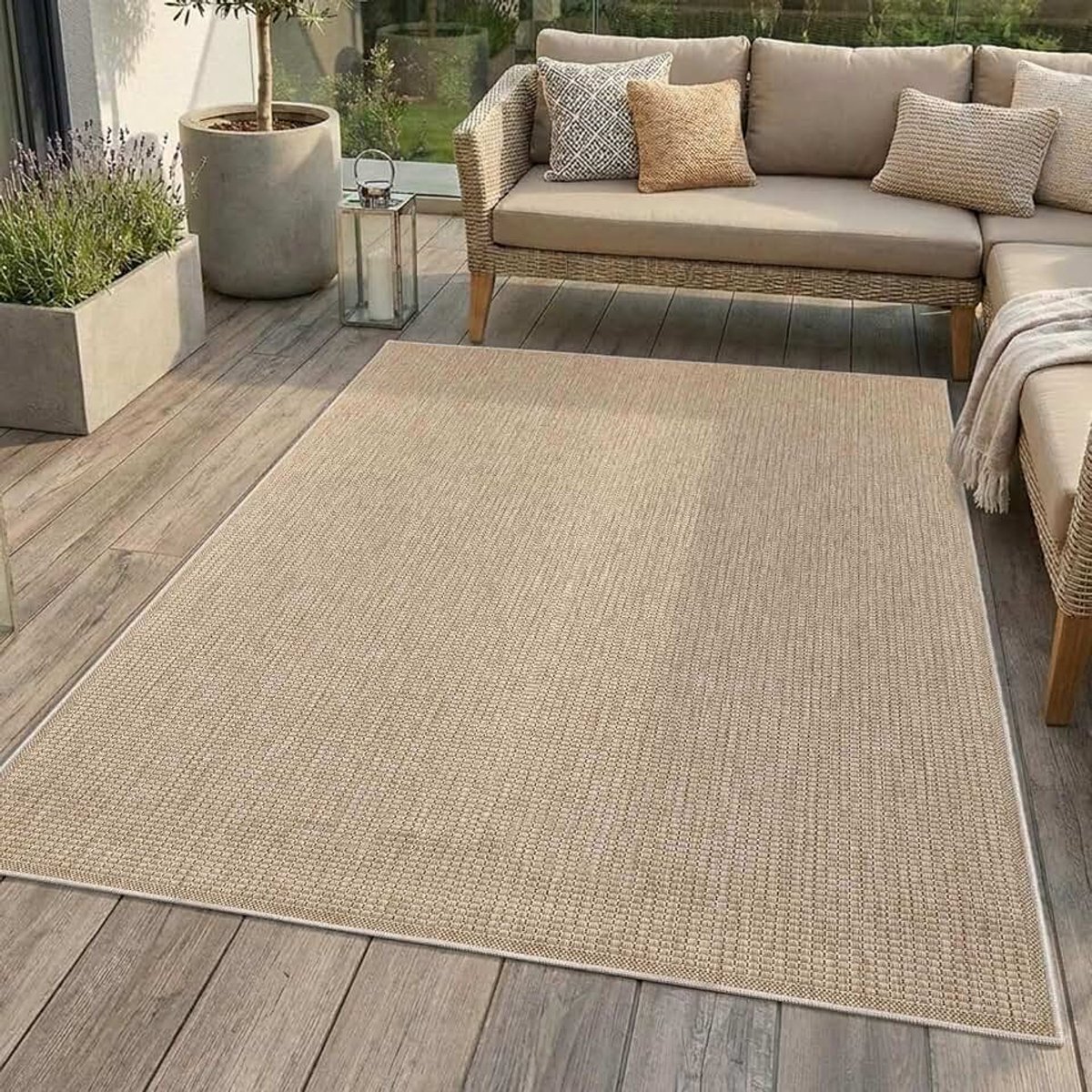 carpet city Outdoor tapijt, weerbestendig, bruin, 160 cm, rond, moderne lijnlook, plat weefsel, robuust, uv-bestendig en weerbestendig, voor buiten, balkon, terras, hal