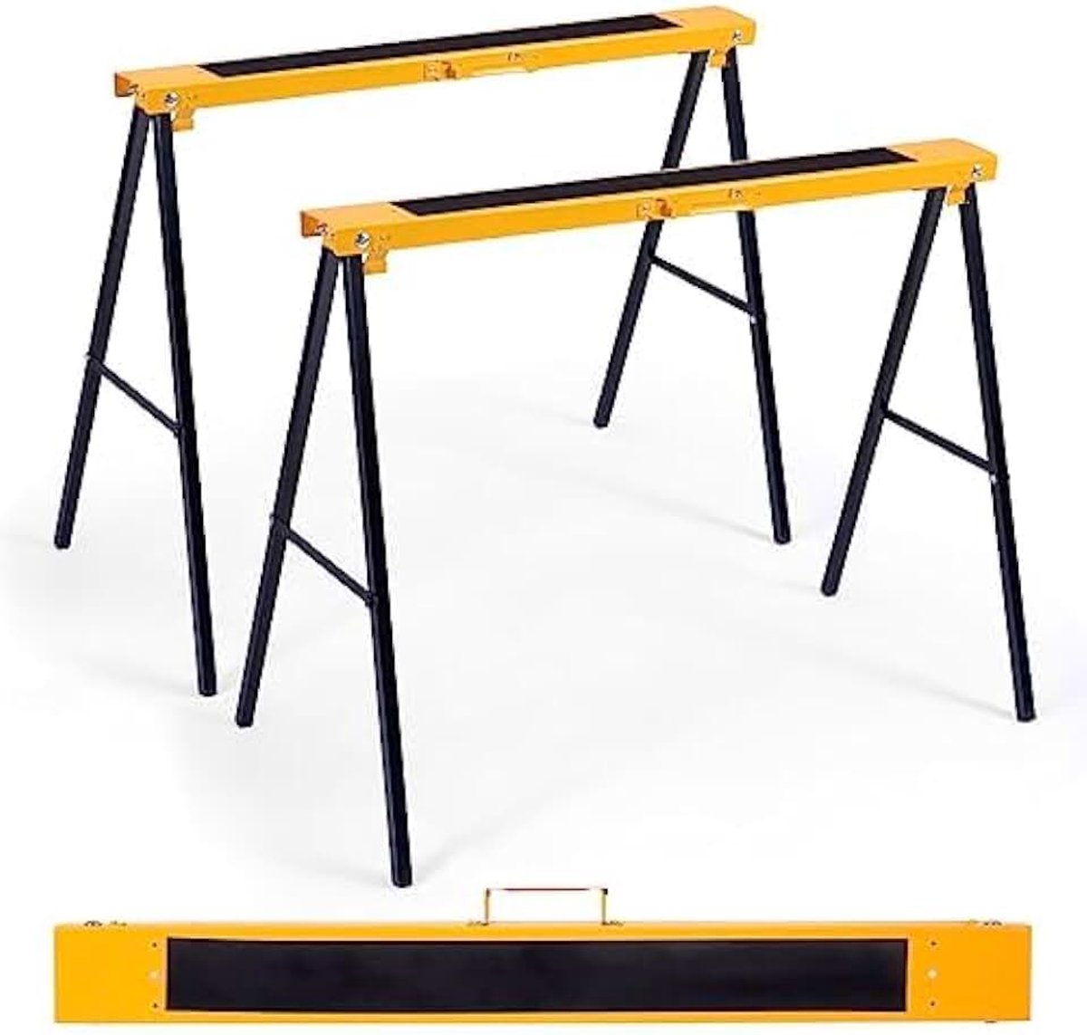 2 x steigerbokken, klapbokken, set, steunbok, zaaghulp, werkbok, metaal, onderstelbok, belastbaar tot 275 kg, opvouwbare bok met handvat, zaagpaard van staal, geel