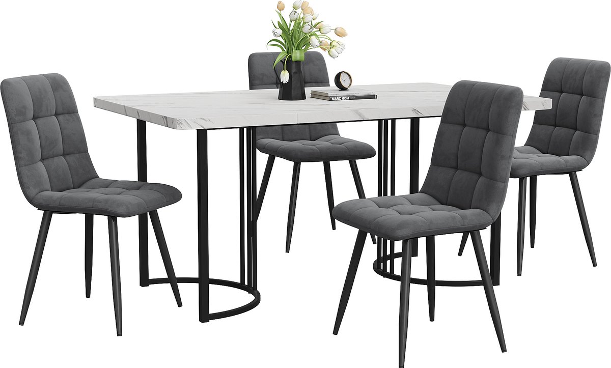 Eettafelset - complete set met 1 eettafel en 4 stoelen - tafel 140 x 80 x 75 cm - mdf - wit - voor keuken of eetkamer - voor dagelijks gebruik