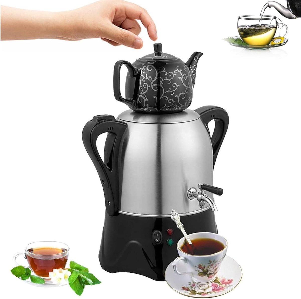 Elektrisch theezetapparaat - Samovar waterkoker - Thee en koffie zetten - Warmhoudfunctie dubbele pot - 4 Liter capaciteit - Zwart zilver