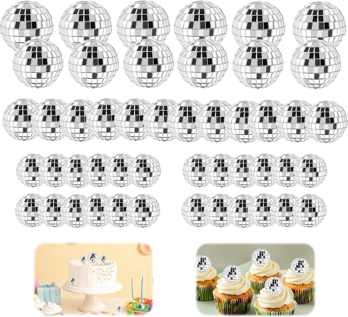 48 stuks discoballen, klein, decoratieset, glanzende mini-discobal, discospiegelbal voor taartdecoratie, feest, vakantiedecoratie (2/3/4/5 cm)