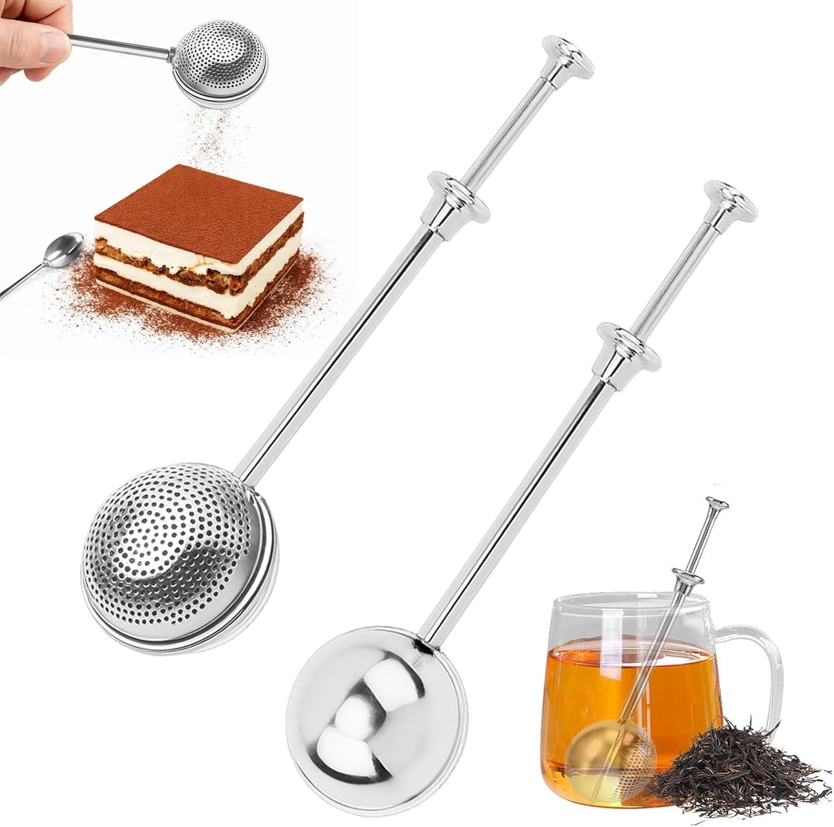 2 stuks theetang, thee-tang voor losse thee, theezeef roestvrij staal, theezeef, theezeef voor kopje, pocket infuser, theeballen, ook geschikt voor het bakken van meel, suiker, cacaopoeder