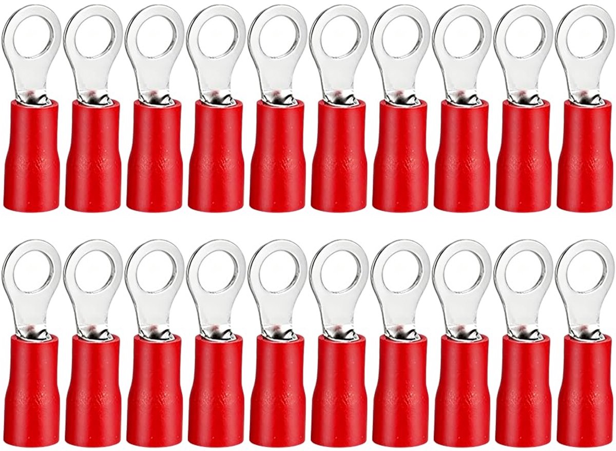 Ringkabelschoenen, M8, rood, 20 stuks, krimpverbinders, 0,5-1,5 mm², kabelschoenen, rond, geïsoleerd, ringogen, M8 voor veilige elektrische verbindingen, ringkabelschoen, set, vertind koper