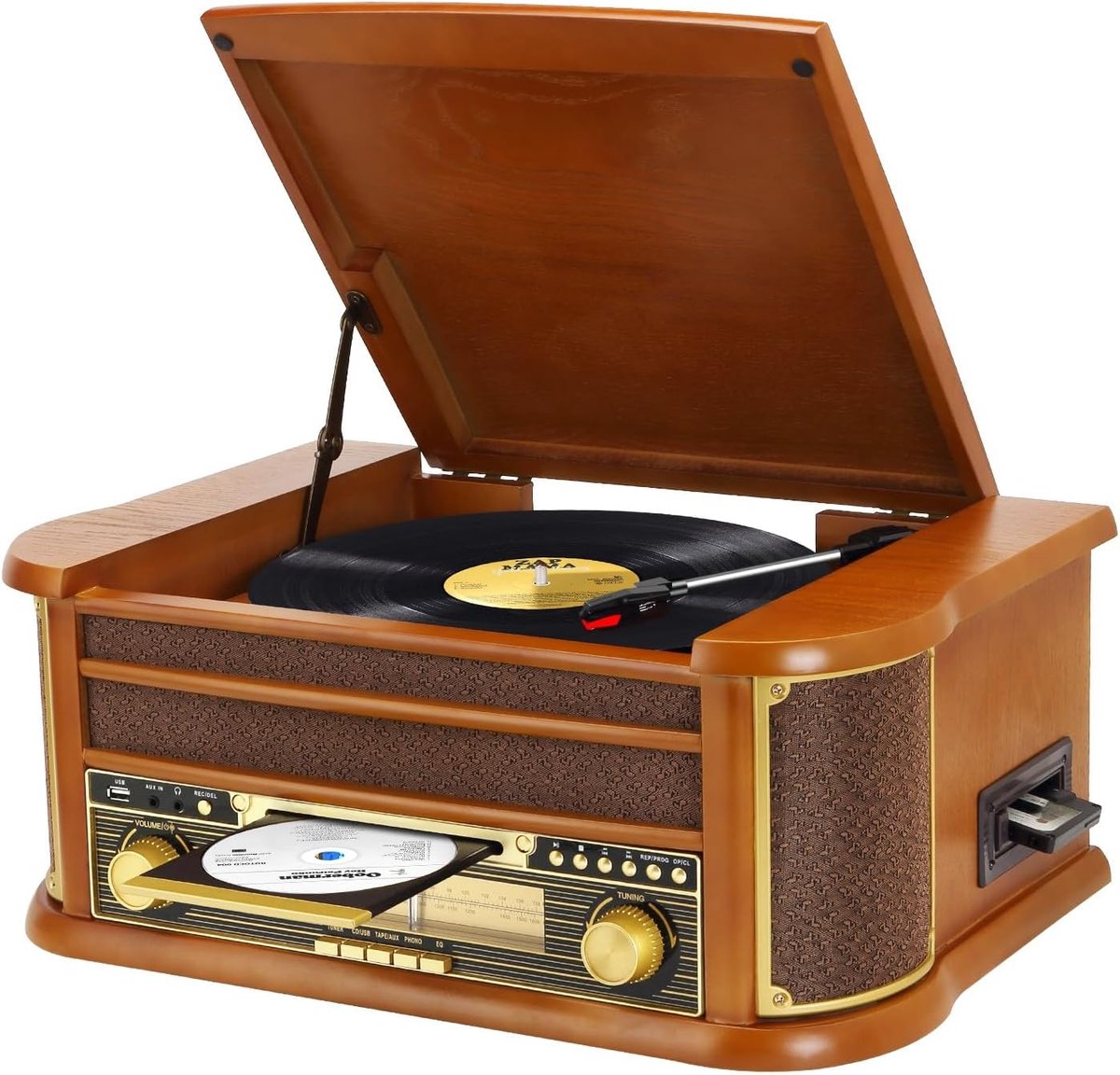 9-in-1 platenspeler met Bluetooth, AM/FM-radio, cd- en cassettespeler, USB-weergave, afstandsbediening, ingebouwde luidsprekers, vintage vinyl draaitafel voor thuis