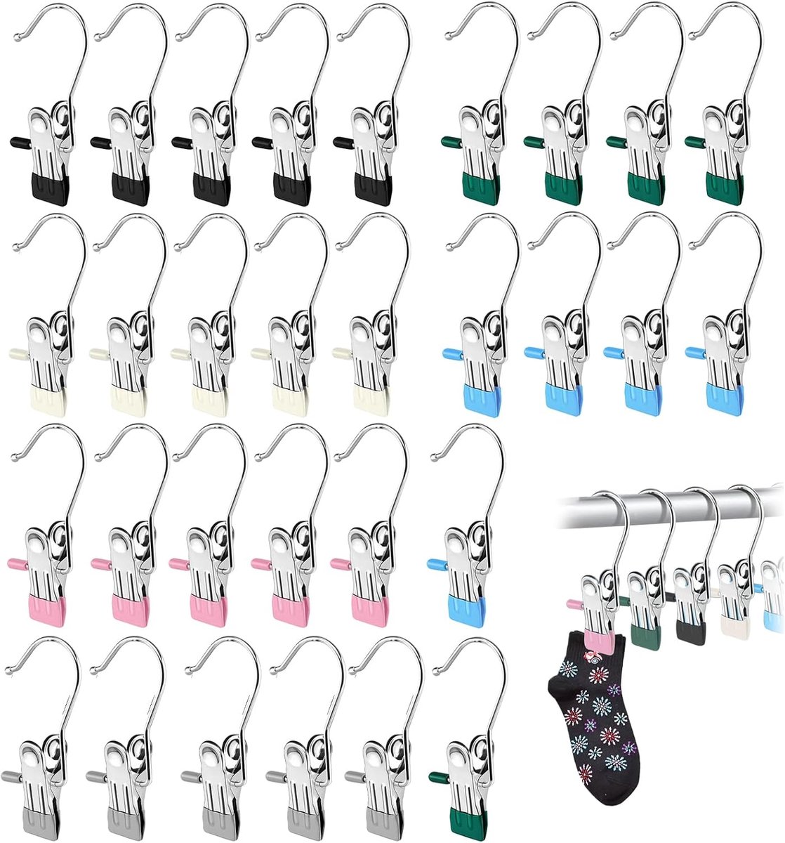 Wasknijpers RVS Kledingclips 30 Stuks Multicolor 10.5x2.3cm Sterke Metalen Knijpers met Zachte Bekleding voor Schoenen Kleding Accessoires Thuis en Reizen