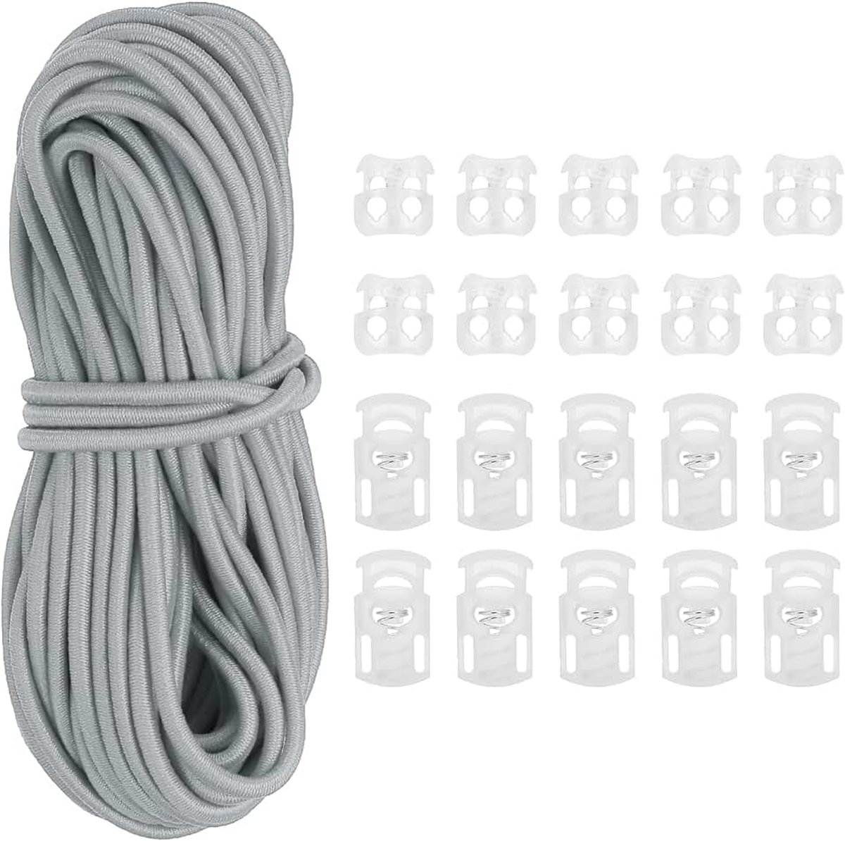 Elastisch bungeekoord & enkel gat koordslot & dubbele gat lente tuimelstop voor paracord schoenveter kleding, Lichtgrijs, 10 Yard