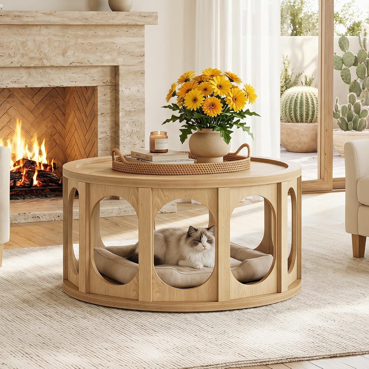 Tribesigns Ronde Salontafel - Bijzettafel - 80 x 80 x 45 cm - 2-in-1 Modern Salontafel met Kattenhol - Eikenkleur
