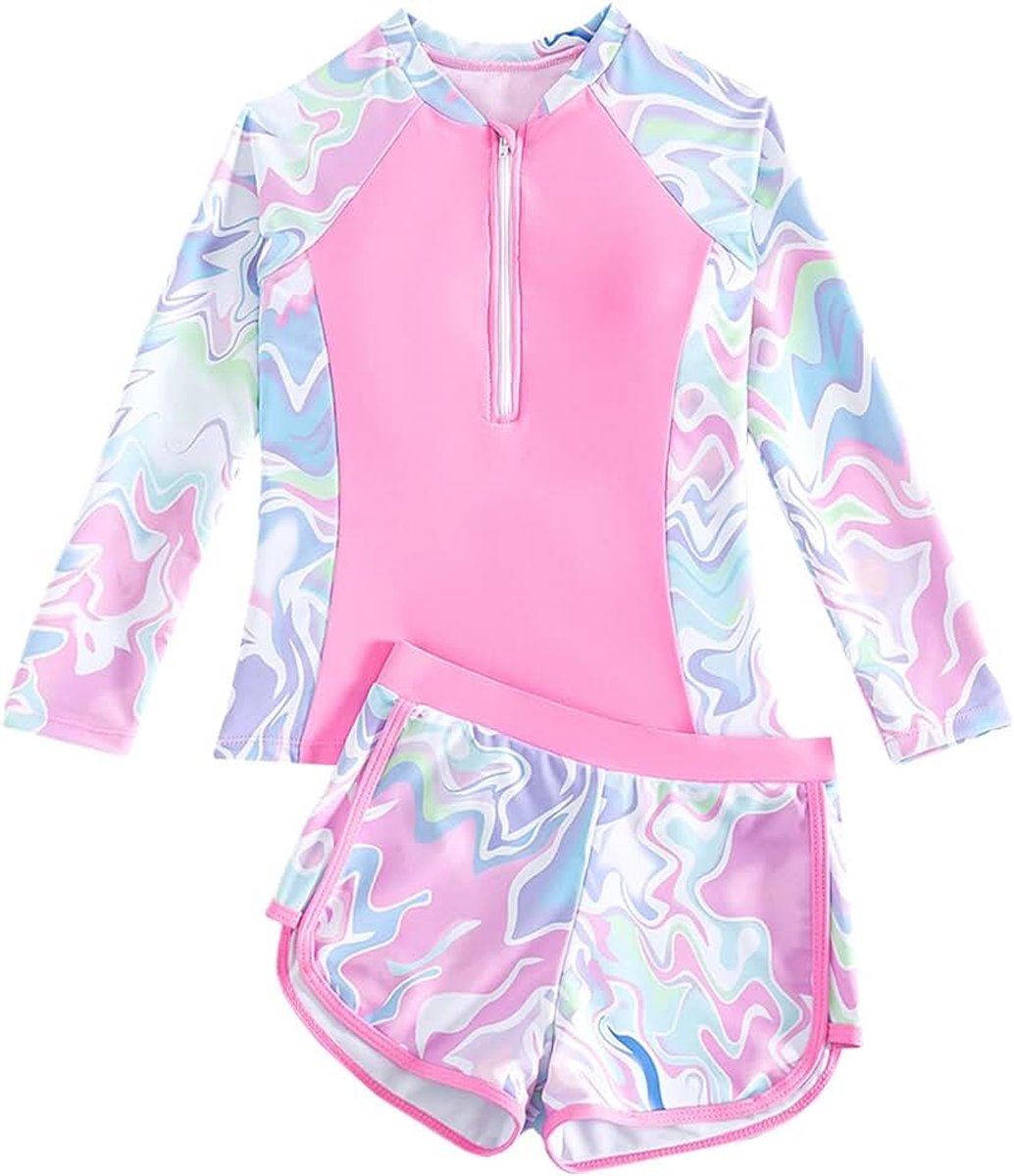 Tweedelig badpak voor meisjes, met uv-bescherming, lange mouwen, met ritssluiting en elastische broek, voor 8-13 jaar