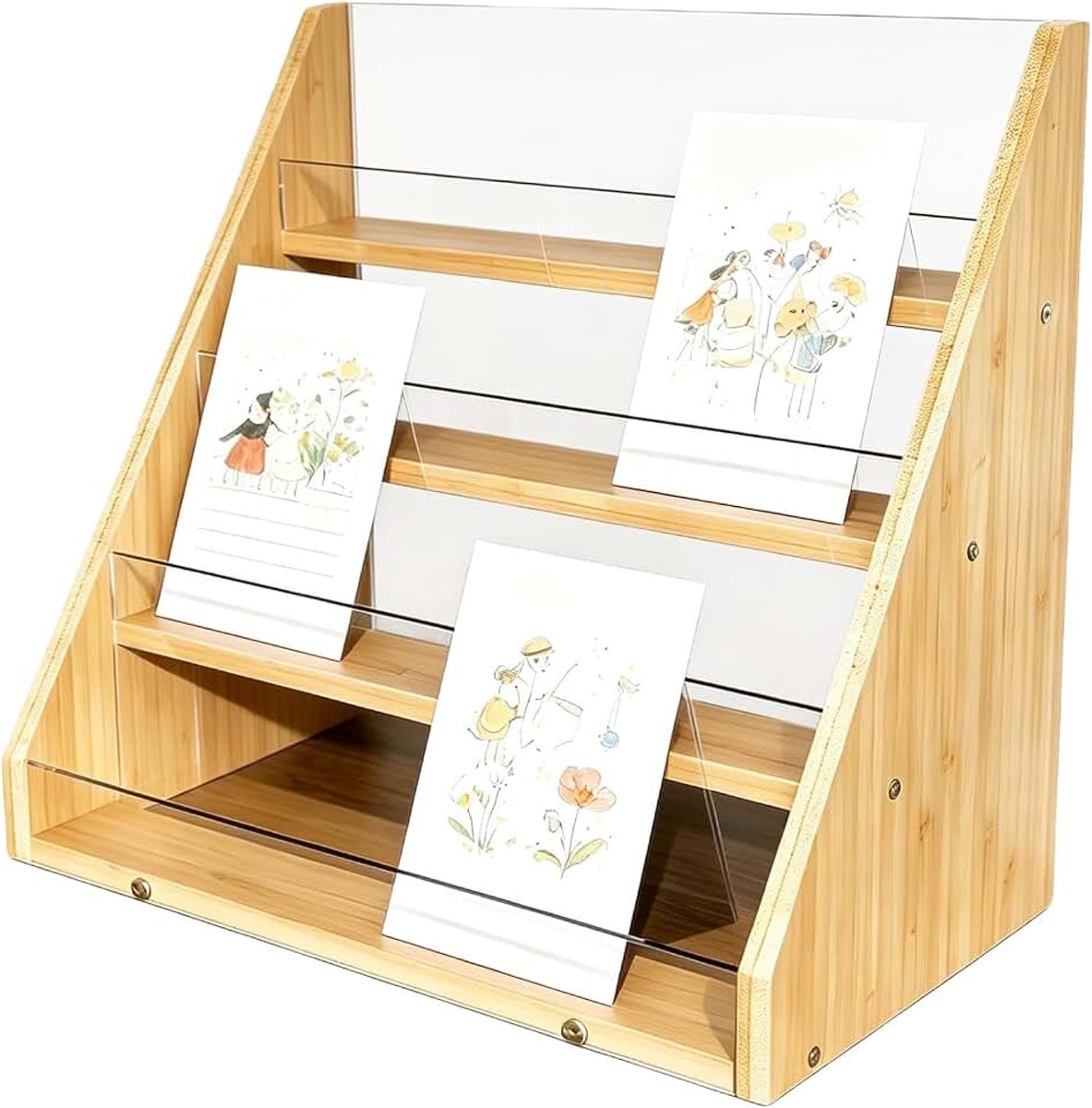 Ansichtkaartenstandaard van hout, 4 verdiepingen, acryl wenskaartenstandaard voor ansichtkaarten, kaartenhouder, displaystandaard, verkoopstandaard, opslag voor detailhandel thuis, knutselwerk