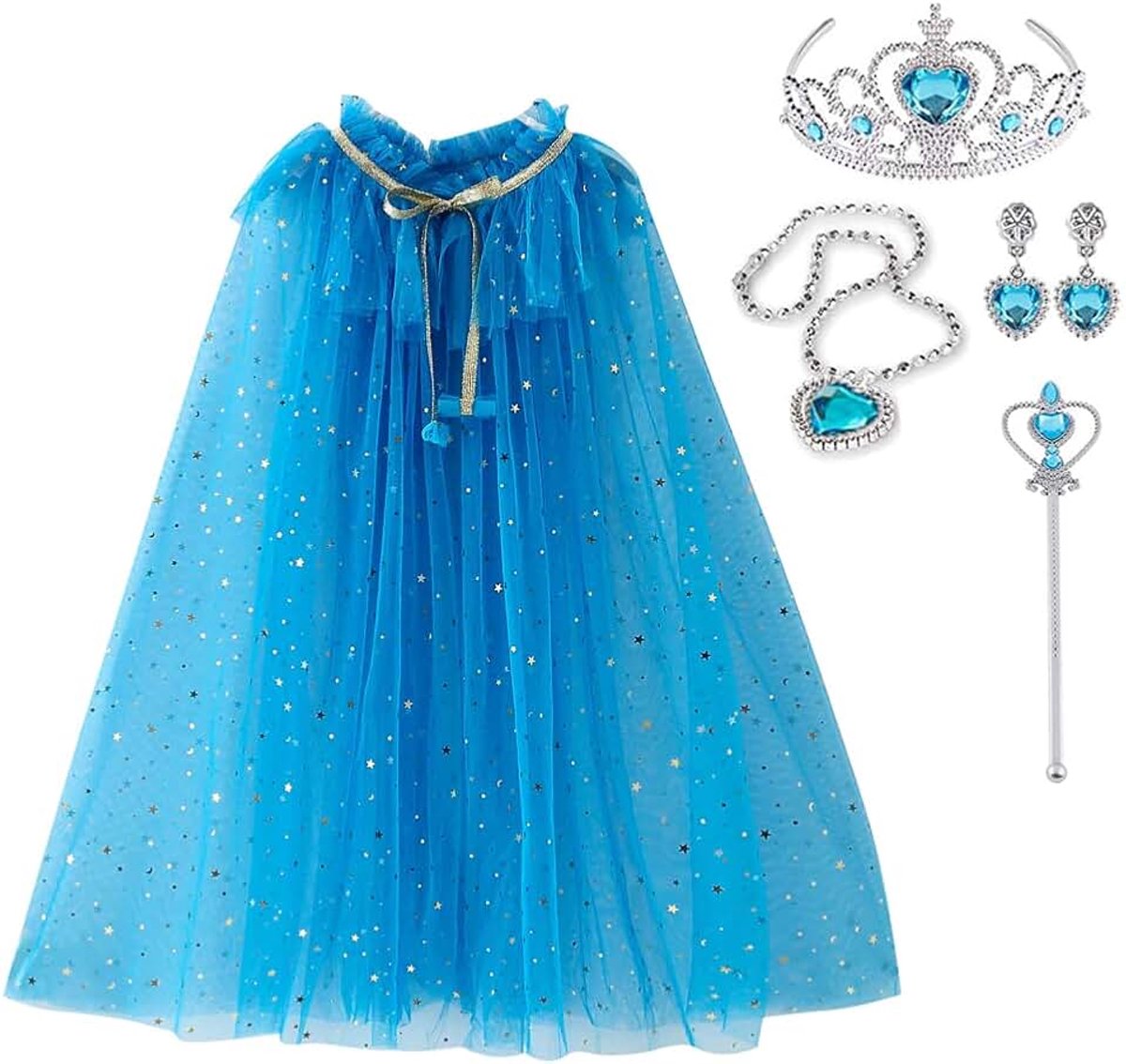 Skyllc Prinsessencape voor kinderen, tule cape, glitter voor meisjes, pailletten, cape, prinses met kroon, halsketting, oorbellen, toverstaf, feestkostuum, carnaval, cosplay voor meisjes, Halloween