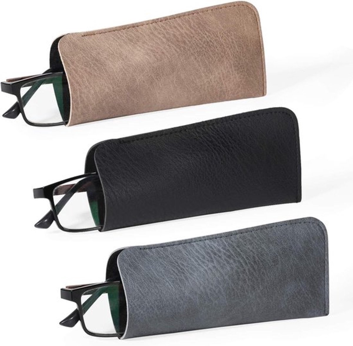 Lederen Brillenetui 3-Pack voor Leesbril, PU Lederen Zachte Bril Tasje - Vrouwen Mannen Kinderen - Beschermhoes Opbergen Eyewear - Zwart Blauw Bruin