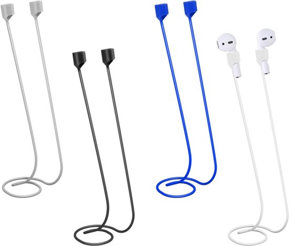 Set van 4 kleurrijke anti-verlies siliconen bandjes voor draadloze hoofdtelefoon - Compatibel met Airpods Pro 3/2/1 - Zwart, wit, grijs, blauw