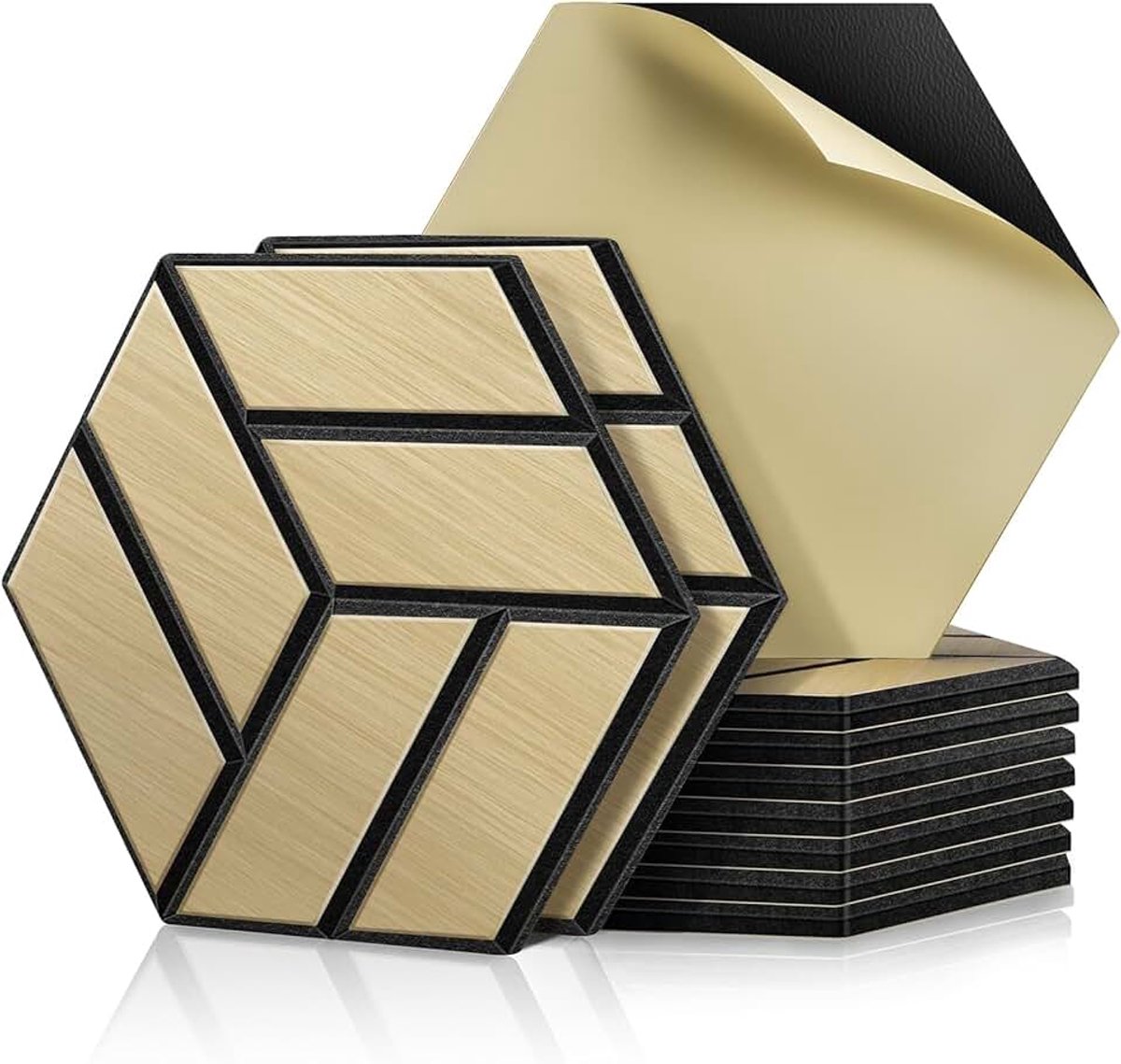 Geluidsisolerende panelen, houtfineer, 10 stuks, 30 x 15 x 1,2 cm, akoestische panelen, zelfklevend, 3D-wandpanelen voor plafond/deur/wanddecoratie, eiken, natuurlijke kleur
