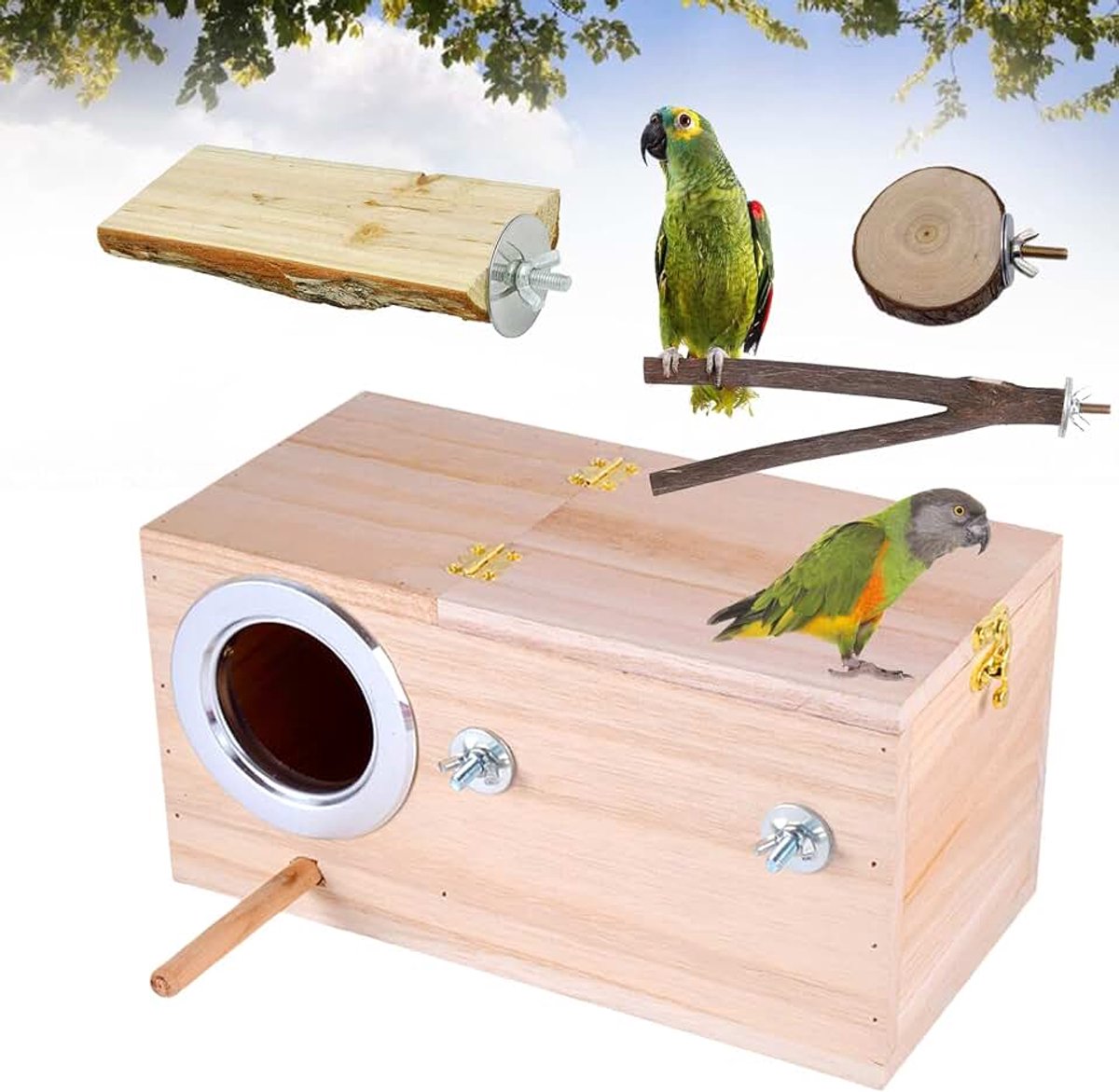 Vogelhuis van hout, nest voor onafscheidelijk in kooi, voor valkparkiet met staande stang, Garden Birds Nest - 29 x 15 x 15 cm (L)