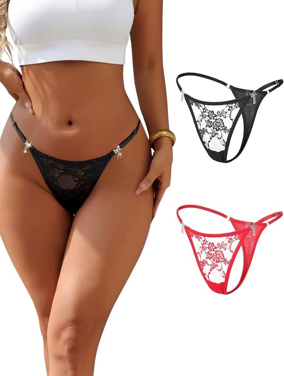 Tanga sexy dunne dames string kant Braziliaanse slip grote maten verstelbaar ondergoed met strass ademende onderbroek mini slipje lage taille hipster slipje lingerie