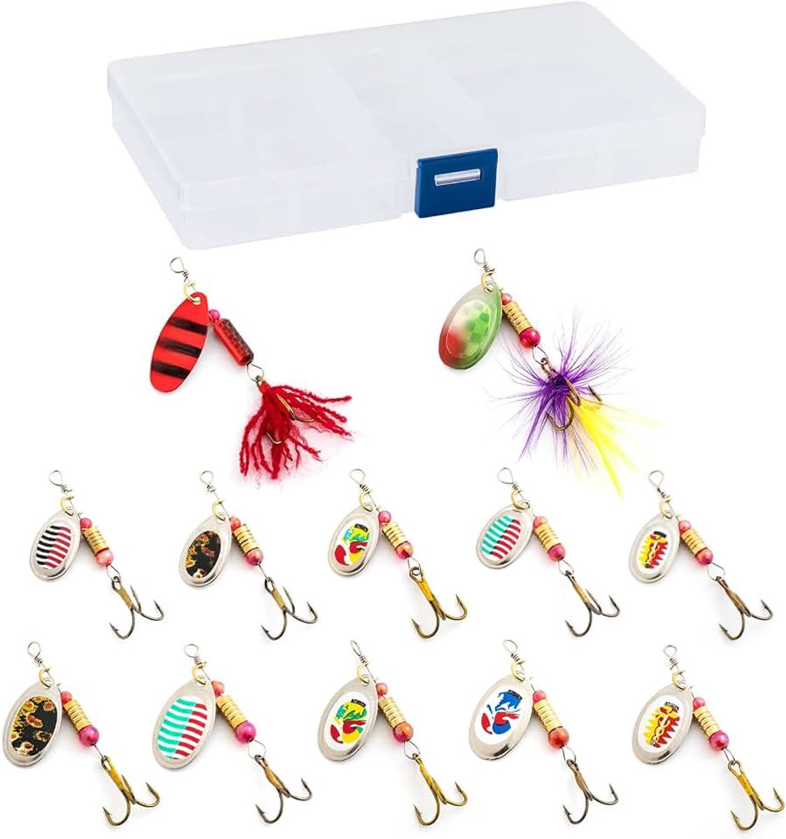Set met 12 visaas, 5 soorten kunstaas in een doos met uitrusting, inclusief lepels, spinnerbait, zacht kunstaas Sandeel voor vissen, forel, baars, snoek