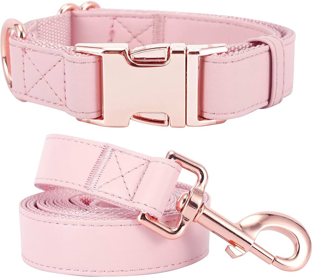 Hondenhalsband en riem, verstelbare halsband met Tylish roségoud, zwaar belastbare metalen gesp riem voor kleine, middelgrote en grote honden (roze, S (31-42,9 cm)