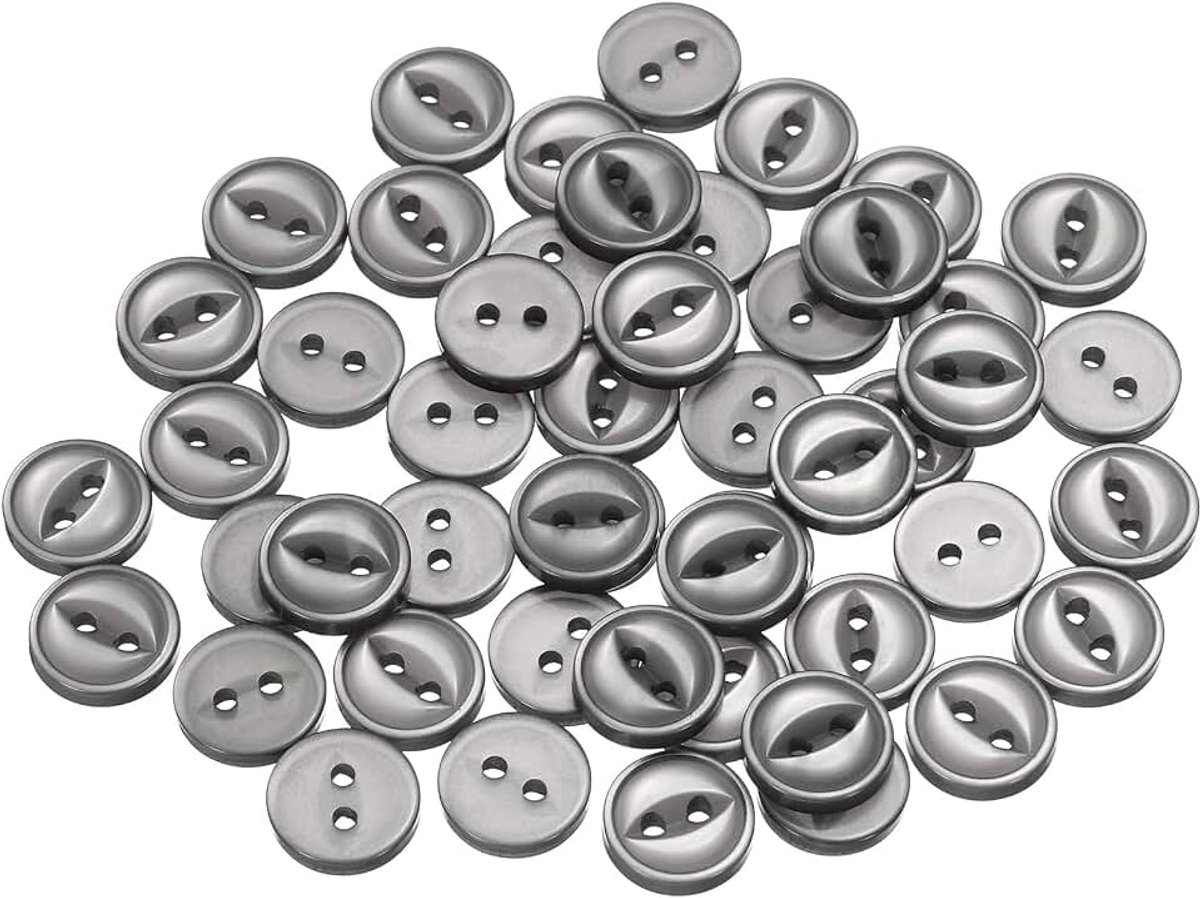 50 stuks 16 l lichtgrijze ronde naaiknopen 10 mm 3/8" hars 2-gaats visoog knopen voor knutselwerk als reserveknoppen voor broeken, jurken, rokken en kleding