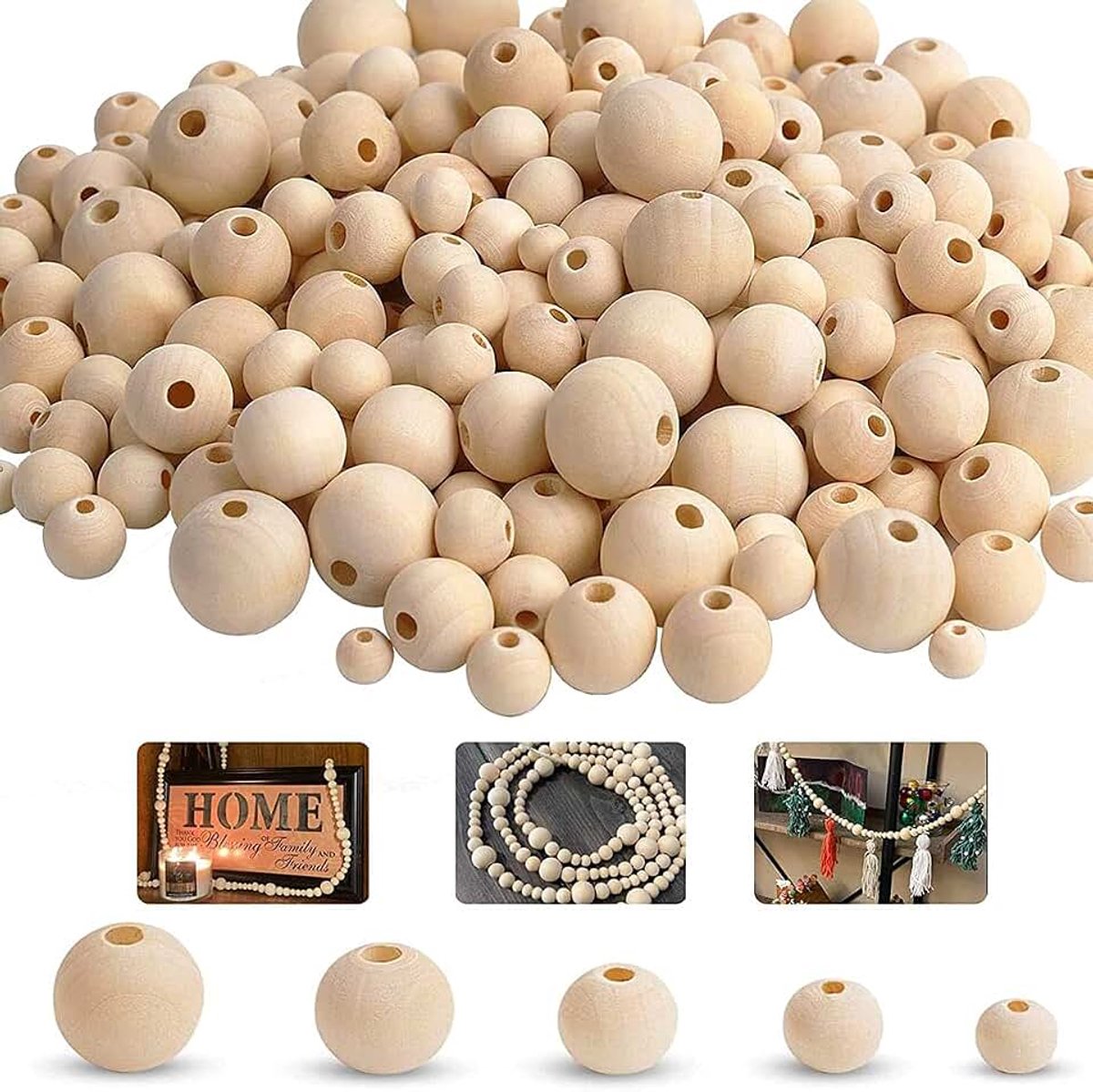 Kralen Set Met Gat - Voor Doe-Het-Zelf Handwerk, Knutselen, Macramé - Natuurlijke Ronde Kralen (6, 8, 10, 12, 14 mm)