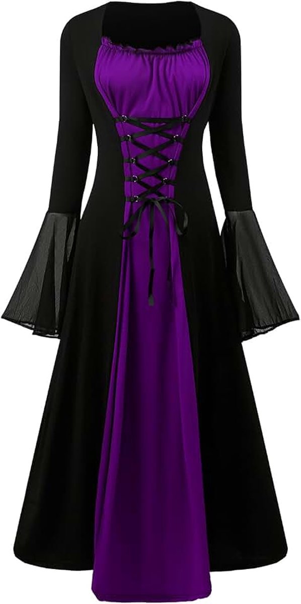 Jurk dames vintage zwarte middeleeuwse jurk met trompetmouwen gebonden taille jurk Halloween carnaval kostuum voor vrouwen